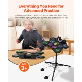 Electric Drum Set 9-Pad with Stand Dual Speakers Light Up Sticks for Kids