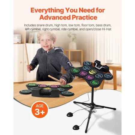 Electric Drum Set, 9 Pads, Roll-up Drum Practice Pad, Electronic Drumset with Headphone Jack, Stand, Double Pedals, Light Up Dru