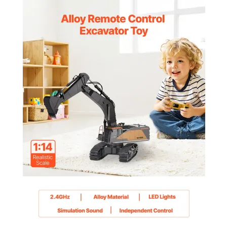 Remote Control Excavator Toy, 22 Channel, 1:14 Scale Remote Control Digger with Metal Shovel, RC Excavator with Lights & Sounds,