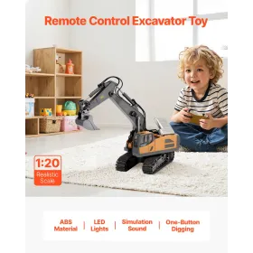Remote Control Excavator Toy, 11 Channel, 1:20 Scale Remote Control Digger Toy, RC Excavator with Lights & Sounds, Full Function
