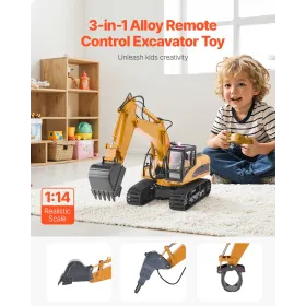 Remote Control Excavator Toy, 15 Channel, 3 in 1 Remote Control Digger with Metal Shovel, 1:14 Scale RC Excavator with Light & S