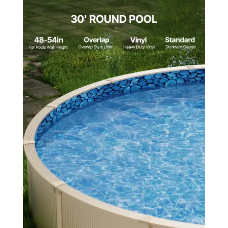 30-ft Round Above Ground Pool Liner, Overlap Pool Liners, Standard Gauge Vinyl, 48-to-54inch Wall Height, Designed for Steel Sid