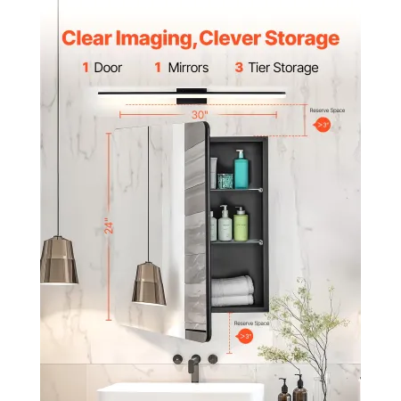 Medicinskabet 24 "x 30" spejlmedicinsk kabinet Justerbare hylder