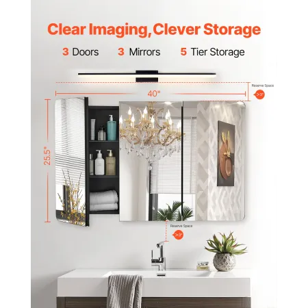Medicine Cabinet, 25.5 x 40 inch, Medicine Cabinet for Bathroom with Mirror, Aluminum Frame Bathroom Wall Cabinet, 4-layer Adjus