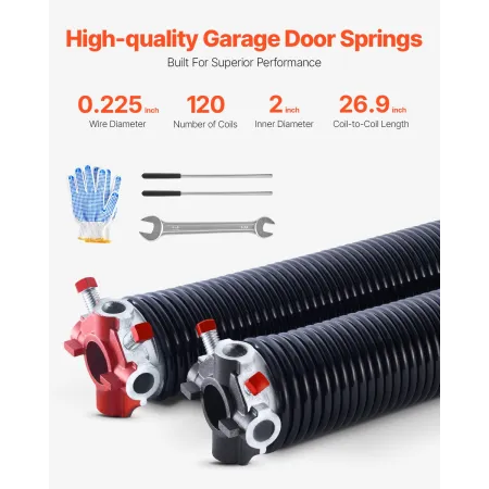 Garage Door Torsion Springs, Pair of 0.225 x 2 x 27 in, 16000 Cycles, Electrophoresis Black Coated for Replacement, Garage Door 