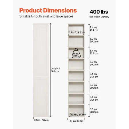 8 Tiers Narrow Bookshelf, 71 in Wooden Tall Open Bookcase with Height-Adjustable Shelf, Freestanding Display Storage Floor Bookc