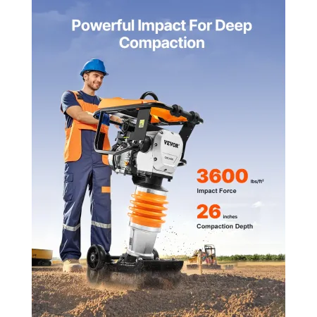 Jumping Jack Compactor, 6.5 HP Vibratory Rammer Fuel-Powered 196 cc Engine Tamper, 3600 lbs Impact Force, 26" Max Compaction Dep