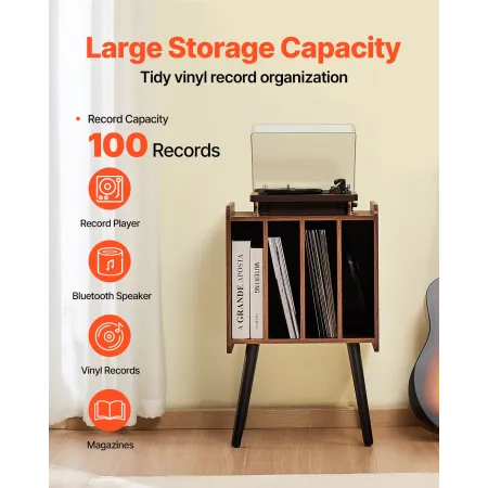 Record Player Stand, 2 Tiers Turntable Stand with 4 Cabinets, Holds up to 100 Albums, Wooden Vinyl Record Storage Cabinet with D
