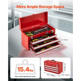 Værktøjskasse 20,5-tommer bærbar metalværktøjskasse 3 skuffer Værktøjsarrangør rød