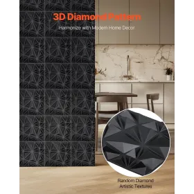 3D Wall Panels 33-Pack 11.81x11.81'' PVC 32 Sq.Ft Coverage Diamond Black