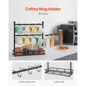 Coffee Mug Holder for Countertop 16 Hooks Cup Rack with Storage Base