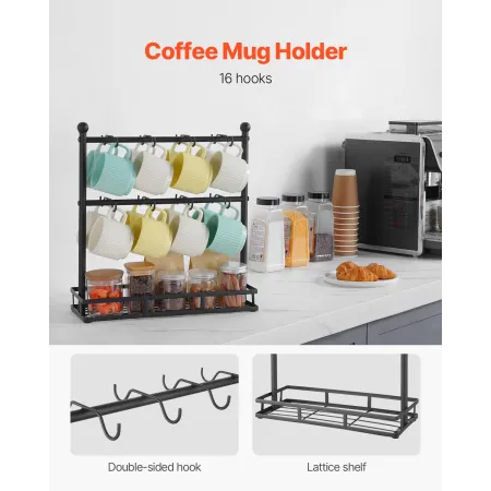 Coffee Mug Holder for Countertop, 16 Hooks Coffee Cup Holder with Storage Base, 2 Tier Mugs Tree Rack Carbon Steel Mug Display S