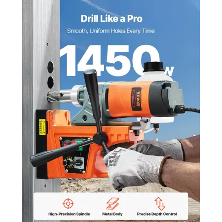 Magnetic Drill, 1450W Motor 1.6 in Boring Diameter, 2810 lbf Portable Electric Mag Drill Press, with 2 Coring Bits, Variable Spe