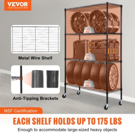 Storage Shelving Unit with Wheels, 4-Tier Adjustable, 700 lbs Capacity, Heavy Duty Garage Shelves Metal Organizer Wire Rack,