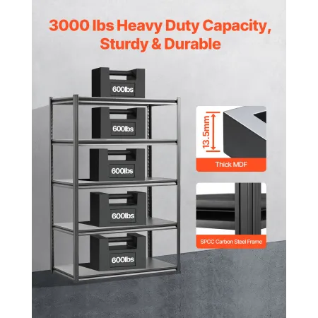 Storage Shelves, 3000 lbs, 5 Tier Garage Storage Shelving, 24" D x 48" W x 72" H Adjustable Metal Shelves for Garage Shelves Uti