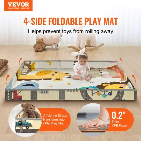 Baby Play Mat, 59"x71" Baby Crawling Mat, Non-Slip One-Piece Foam Baby Playmat, Foldable Portable Reversible Floor Mat with Trav