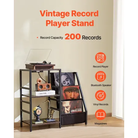 Record Player Stand with Charging Station & USB Ports, Holds up to 200 Albums, 3-Tier Turntable Stand with Vinyl Record Storage,