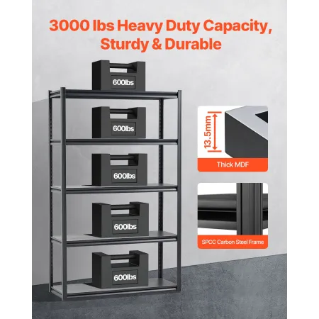 Storage Shelves, 3000 lbs, 5 Tier Garage Storage Shelving, 18" D x 48" W x 78" H Adjustable Metal Shelves for Garage Shelves Uti