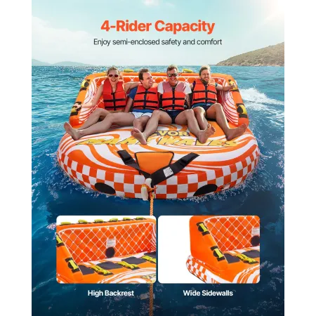 Towable Tube for Boating, 1-4 Riders Inflatable Boat Tubes and Towables, 680lbs Water Sport Towable Tube for Boat to Pull - with