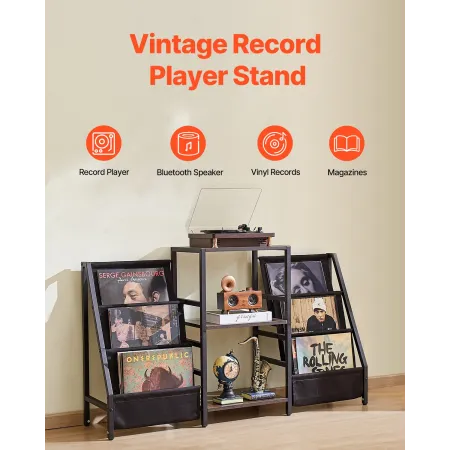 Record Player Stand, 3 Tiers Metal Vinyl Record Stand, Turntable Stand with Record Holder Vinyl Display Shelf, Wooden Record Hol