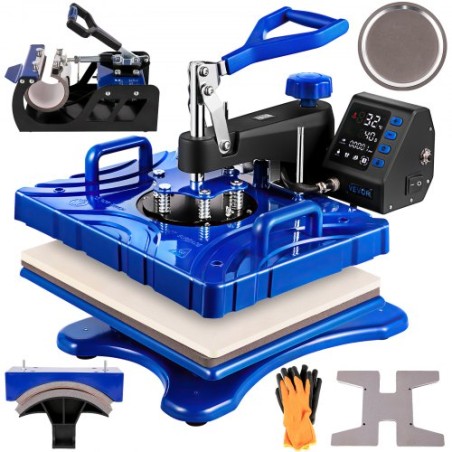 Heat Press 12x15 tommer 1000W 6 i 1 varmepresse Swing Away Blue & Black Sublimation Machine T-shirt Printeroverførsel med