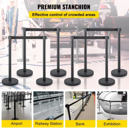Crowd Control Stanchion, 8 Pieces Stanchion Set, with 6.6 ft/2 m Black Retractable Belt, Black Crowd Control Barrier with Concre