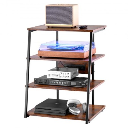4-Tier AV Media Stand with Power Strips Wooden Corner TV Stand with LED