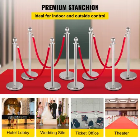 Crowd Control Stanchion, Set of 8 Pieces Stanchion Set, Stanchion Set with 5 ft/1.5 m Red Velvet Rope, Silver Crowd Control Barr