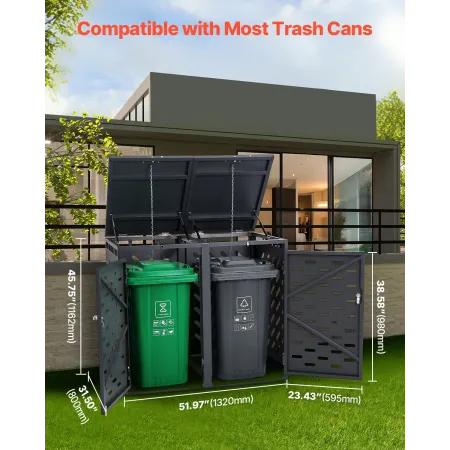 Trash Can Storage, 2 x 52.79 Gal Trash Bin Storage Shed Outdoor, Horizontal Waterproof Storage Cabinet with Chain Lid, Lockable 