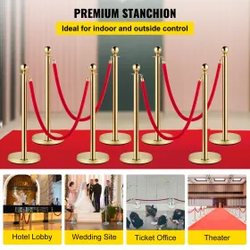 Crowd Control Stanchion, Set of 8 Pieces Stanchion Set, Stanchion Set with 5 ft/1.5 m Red Velvet Rope, Gold Crowd Control