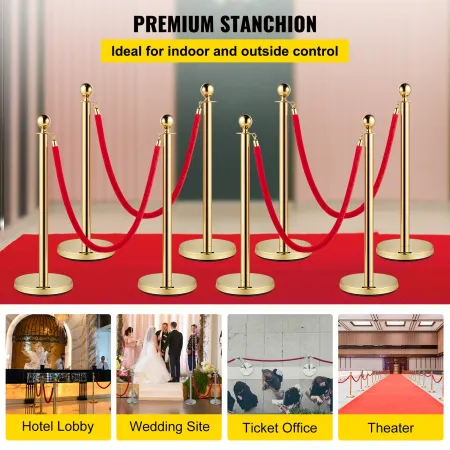 Crowd Control Stanchion, Set of 8 Pieces Stanchion Set, Stanchion Set with 5 ft/1.5 m Red Velvet Rope, Gold Crowd Control Barrie