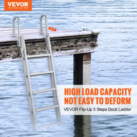 Dock Ladder Flip Up 5 Steps, 350lbs Load Capacity, Aluminum Pontoon Boat Ladder with 4" Wide Step & Anti-Slip Design Pedal,Swimm