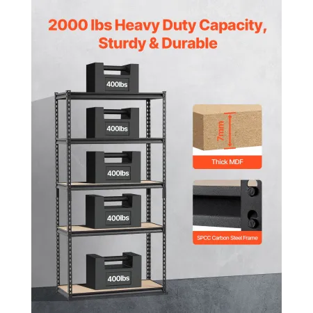 Storage Shelves, 2000 lbs, 5 Tier Garage Storage Shelving, 16" D x 36" W x 71.4" H Adjustable Metal Shelves for Garage Shelves U