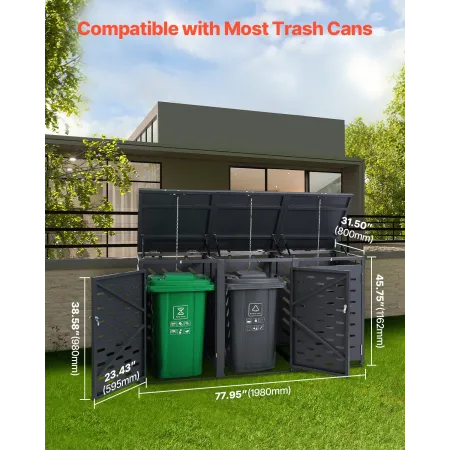 Trash Can Storage, 3 x 52.79 Gal Trash Bin Storage Shed Outdoor, Horizontal Waterproof Storage Cabinet with Chain Lid, Lockable 