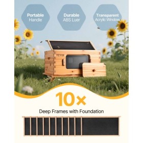 Bee Hive Deep Box Starter Kit, 100% Beeswax Coated Natural Cedar Wood, Langstroth Beehive Kit with 10 Frames and Foundations,