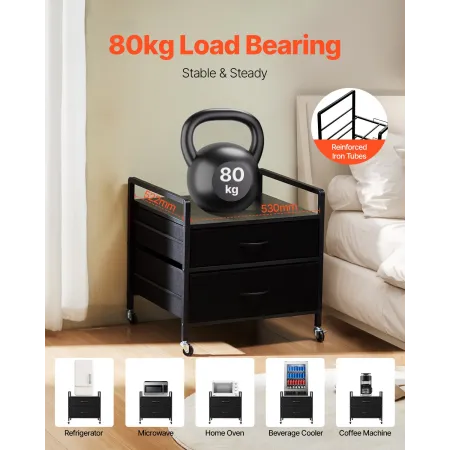 Mini Fridge Stand with Storage, 176 lb-Capacity Mini Fridge Table with 2 Drawers & 4 Swivel Wheels, Mobile Mini Fridge Shelf, Bl