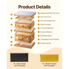 Bee Hive 20 Frame Bee Hives Starter Kit, Beeswax Coated Cedar Wood, 1 Deep + 1 Medium Bee Boxes Langstroth Beehive Kit,