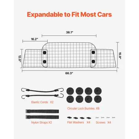Dog Car Barrier, 38"-66.3" Adjustable Car Divider for Trunk Cargo Area, Universal-Fit Back Seat Heavy-Duty Wire Mesh Dogs Separa