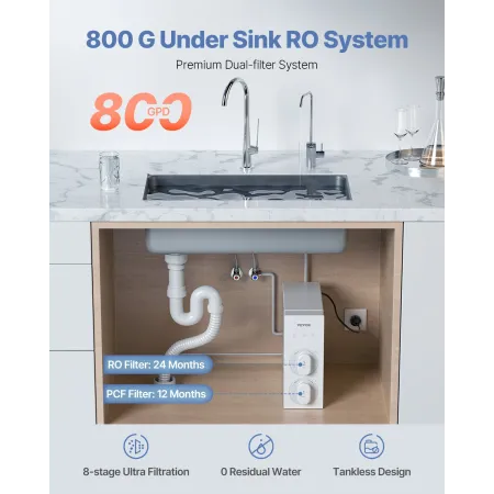 Omvendt osmosisystem 800 GPD 8-trins tankless under