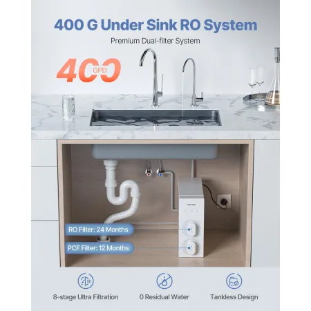 Omvendt osmosisystem 400 GPD 8-trins tankless under