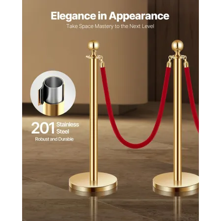 Stanchion Post, 4 Pcs Crowd Control Barrier Set with 3 Red Velvet Ropes, 5 ft Stainless Steel Gold Stanchion Post Queue with San