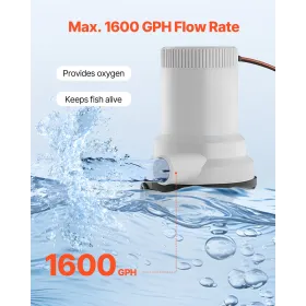 Livewell Pump for Boat 12V 1600GPH Livewell Aerator Pump Straight 2 Inlets