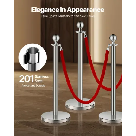 Stanchion Post, 8 Pcs Crowd Control Barrier Set with 4 Red Velvet Ropes, 5 ft Stainless Steel Silver Stanchion Post Queue with S