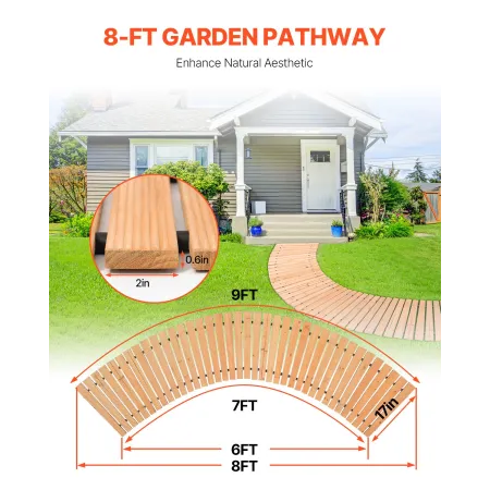 Wooden Garden Pathway, 8 ft x 17 in, Non-Slip Curved Garden Walkway, Roll Out Cedar Outdoor Walkway Path with Wire Rope Connecti