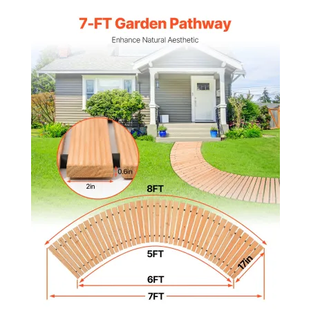 Wooden Garden Pathway, 7 ft x 17 in, Non-Slip Curved Garden Walkway, Roll Out Cedar Outdoor Walkway Path with Wire Rope Connecti