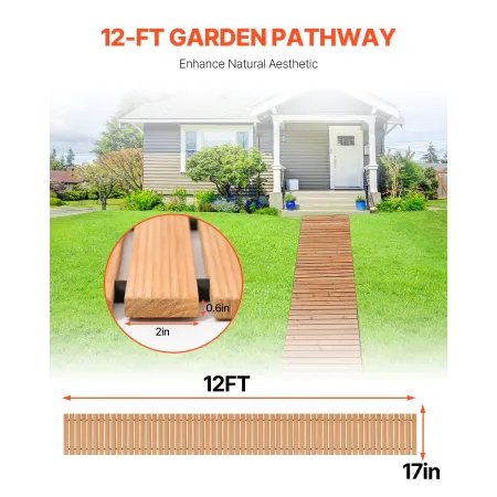 Wooden Garden Pathway, 12 ft L x 17 in W, Non-Slip Straight Garden Walkway, Roll Out Cedar Outdoor Walkway Path with Wire Rope C
