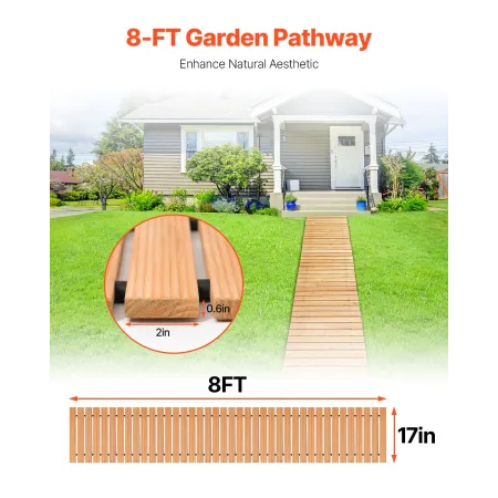 Wooden Garden Pathway, 8 ft L x 17 in W, Non-Slip Straight Garden Walkway, Roll Out Cedar Outdoor Walkway Path with Wire Rope Co