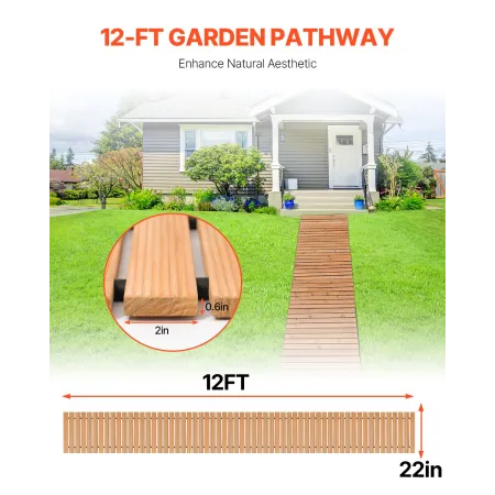 Wooden Garden Pathway, 12 ft L x 22 in W, Non-Slip Straight Garden Walkway, Roll Out Cedar Outdoor Walkway Path with Wire Rope C