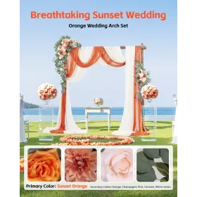 Kunstige bryllupsbueblomstersæt orange med 2 stk. blomster 3 stk. gardiner