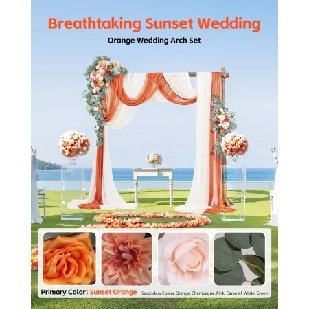 Artificial Wedding Arch Flowers Kit, Orange Wedding Arch Flowers with Drapes Kit (Pack of 5) - 2 Pcs Floral Arrangement, 3 Pcs S
